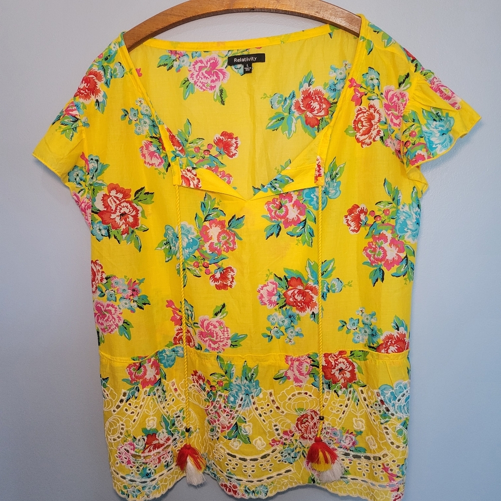 Relativity Womens Yellow & Floral Light & Flowy Short Sleeve Top‎ Shirt Size L